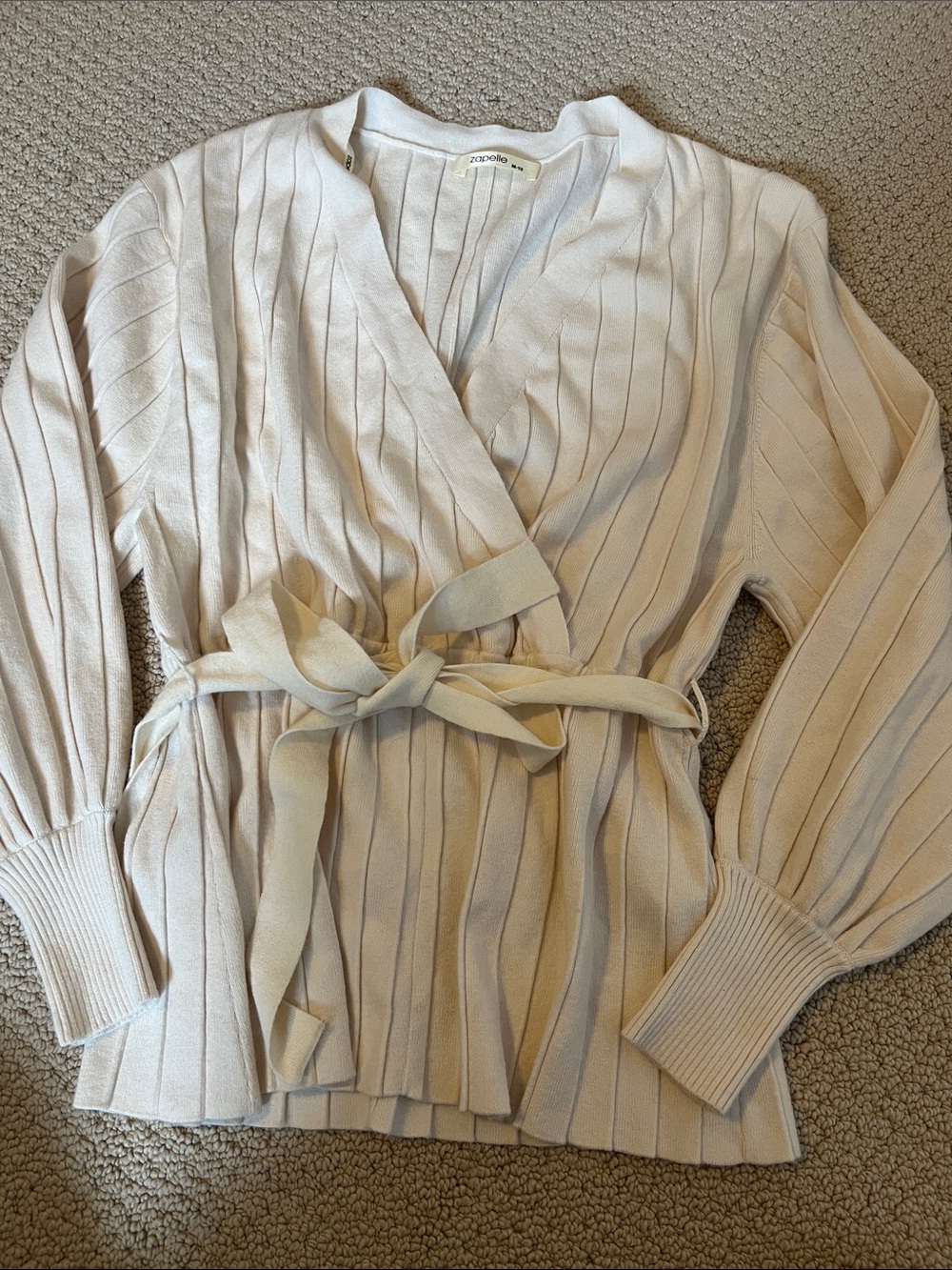 Zapelle Rib Wrap Sweater Belted Top V neck cream shirt medium